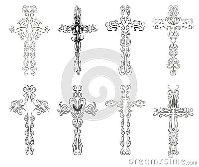 Set of artistic crosses in black, religion, fantasy, isolated. Vector Illustration