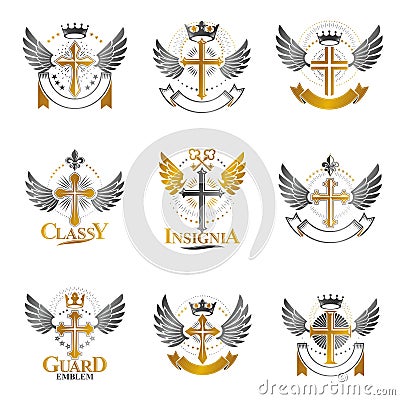 Crosses of Christianity Religion emblems set. Heraldic Coat of A Vector Illustration