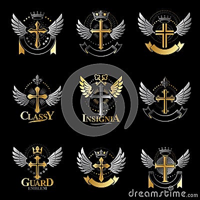 Crosses of Christianity Religion emblems set. Heraldic Coat of A Vector Illustration