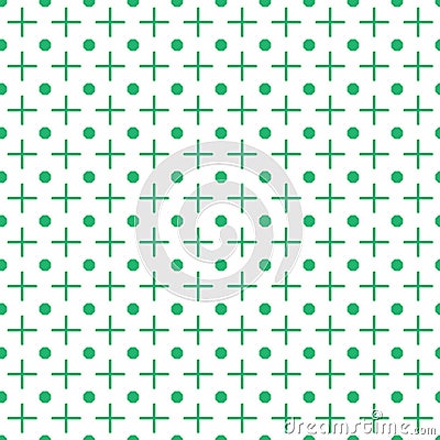Crosses and dots seamless pattern. Vector geometric background. Green pluses and circles on the white backdrop. Reapeted texture. Stock Photo