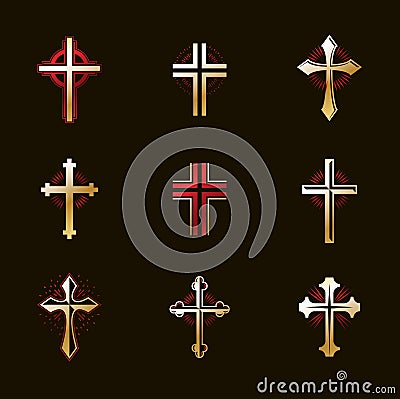 Crosses emblems vector emblems big set, Christian religion heraldic design elements collection, classic style heraldry symbols, Vector Illustration