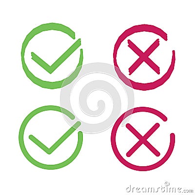 Crosses and ticks signs. Green tick and red cross, ok and crossing check mark vector icons in flat style. Yes and no symbols Stock Photo