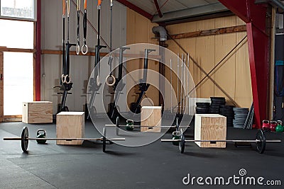 Crossfit fitness studio indoor with equipment Stock Photo