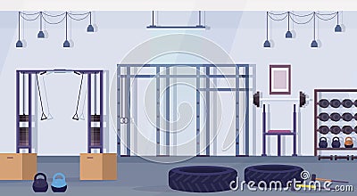 Crossfit health club studio with workout equipment healthy lifestyle concept empty no people gym interior training Vector Illustration