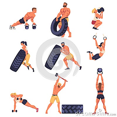 Crossfit Workout with Man and Woman Doing Physical Exercise Engaged in Competitive Fitness Sport Vector Set Vector Illustration