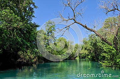 Crossing the Acheron river, on board on a traditional boat, beautiful natural environment, near Parga, Epirus - Greece Stock Photo