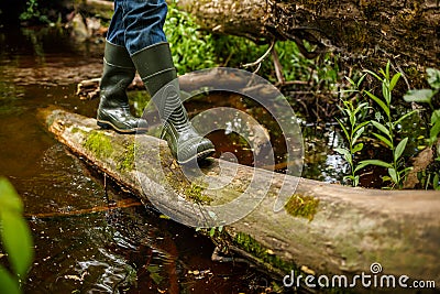 Crossing the forest river. A man in rubber boots walks along a fallen tree Stock Photo