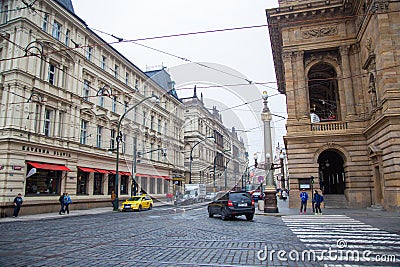 Crossroad at National Theater and Cafe Slavia in Prague Editorial Stock Photo