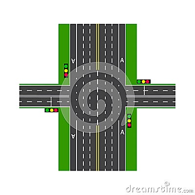 Crossroads. With the help of traffic lights. Road interchange. Lawns. View from above. illustration Vector Illustration
