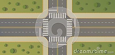 Crossroads of two roads with pedestrian paths, curbs and boards, road markings, grass, bushes and trees. Vector Illustration