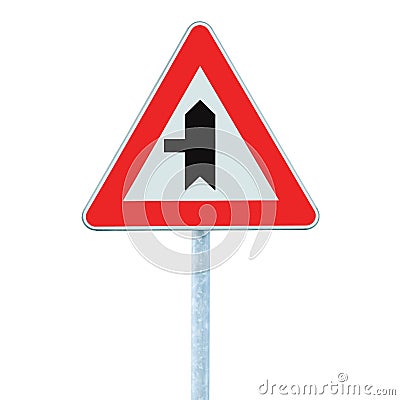 Crossroads Warning Main Road Sign With Pole Post, Left, isolated vertical closeup Stock Photo