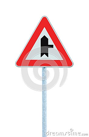 Crossroads Warning Main Road Sign Right Hand, Roadside Traffic Signage Pole Post, Large Dedaitel Isolated Closeup Stock Photo