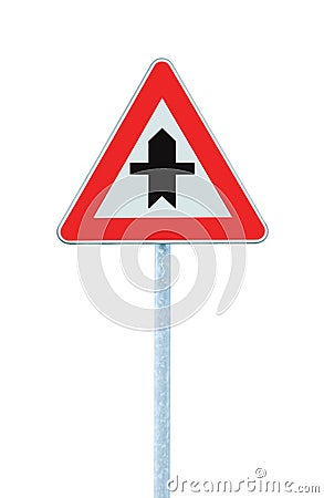 Crossroads Warning Main Road Sign Triangle, Pole Post, large detailed isolated closeup Stock Photo