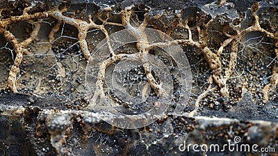 A crosssection view of the soil revealing the intricate web of mycelium connecting plant roots and decomposing organic Stock Photo
