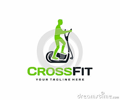 Crosstrainer workout logo design. Elliptical trainer with running man vector design Vector Illustration