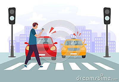 Crosswalk accident. Pedestrian with smartphone and headphones crossing road on red traffic lights, road safety vector Vector Illustration