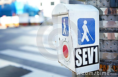 Crosswalk push button. Accessible intersection. Stock Photo