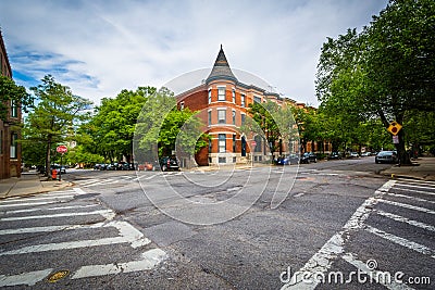 Crosswalks and historic architecture at an intersection in Bolton Hill, Baltimore, Maryland. Editorial Stock Photo