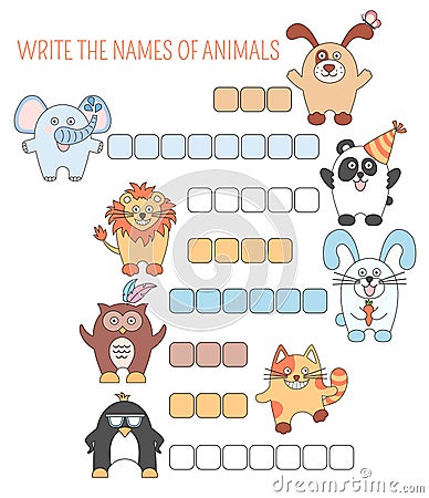 Crossword animals, education game with words for children Vector Illustration