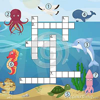 Crossword kids magazine book puzzle game of sea underwater ocean fish and animals logical worksheet colorful printable Illu Stock Photo