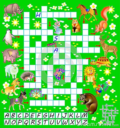 Crossword puzzle game with funny animals. Educational page for children for study English words. Vector Illustration