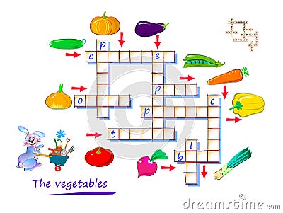 Crossword puzzle game for kids. Learn vegetables. Educational page for children to study English language and words. Printable Vector Illustration