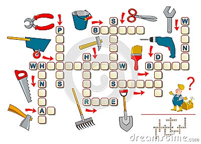 Crossword puzzle game for kids with working tools. Educational page for children to study English language and words. Printable Vector Illustration