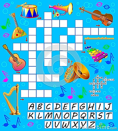 Crossword puzzle game with musical instruments. Educational page for children for study English words. Vector Illustration