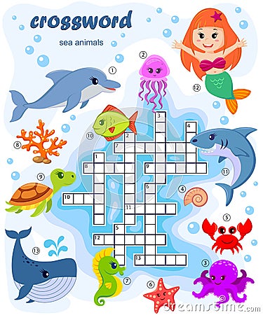 Crossword puzzle game of sea animals Vector Illustration