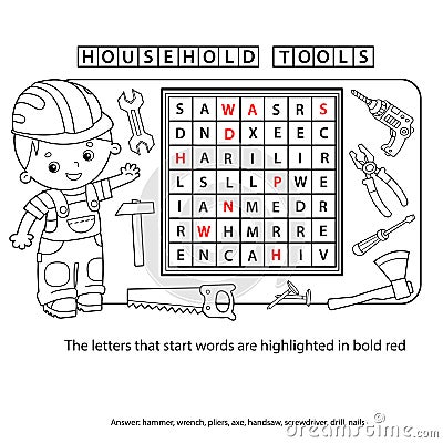 Crossword puzzle for Preschool Children. Set of household tools. Coloring book for kids Vector Illustration