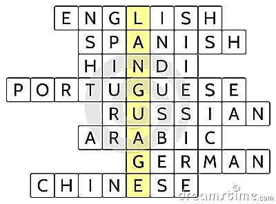 Crossword puzzle for the word Language and 8 of the most widely spoken languages of the world Vector Illustration