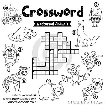 Crossword puzzle nocturnal animals coloring version Vector Illustration
