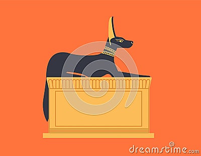 Crouching or recumbent statue of Anubis depicted as wolf or jackal - god, deity or mythological creature. Legendary Vector Illustration