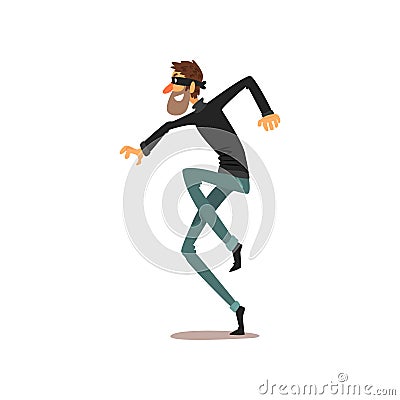 Crouching thief in a mask, robber cartoon character committing crime vector Illustration on a white background Vector Illustration