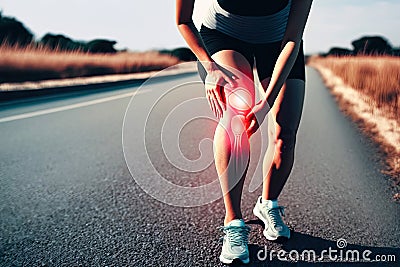 runner Expressing Knee Discomfort on the Roadside - Generative AI Cartoon Illustration