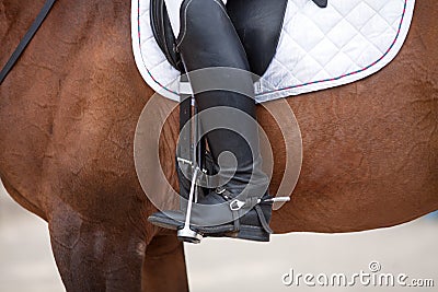 Croup of a red horse with a white saddle and a riderâ€™s foot in a boot with a spur inserted in a stirrup Stock Photo