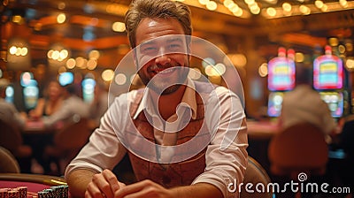 Croupier dealing deck of poker cards in casino Stock Photo
