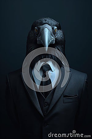 Crow in black suit half - length frontal view Stock Photo