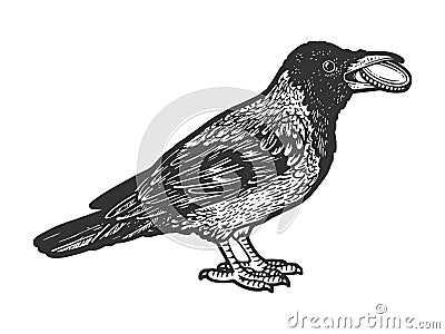 Crow with coin in its beak sketch vector Vector Illustration