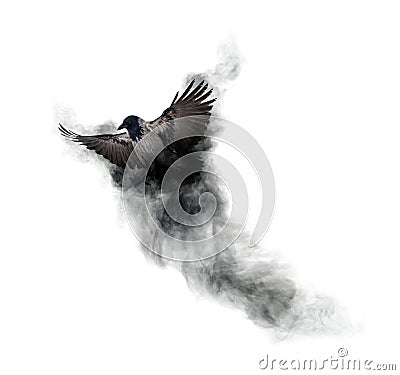 Crow flying from dark grey smoke isolated on white Stock Photo