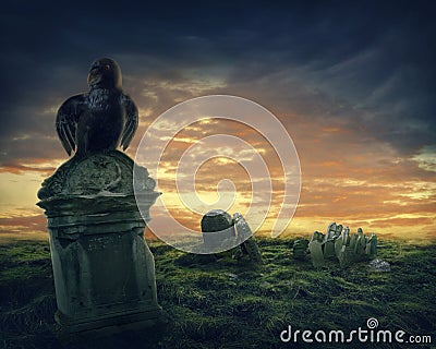 Crow on a gravestone Stock Photo