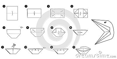 Crow head origami line monochrome instruction Vector Illustration