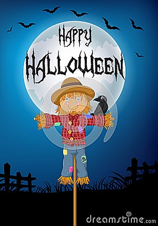 A crow perched on the Scarecrow. halloween background Vector Illustration