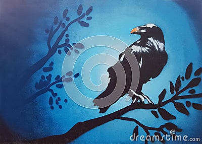 A crow picture, on a tree branch. Black on blue Editorial Stock Photo