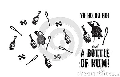 Crow pirate bottle rum and bones set of isolated objects Vector Illustration