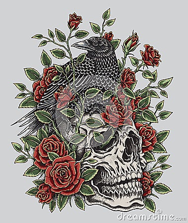 Crow, Roses and Skull Tattoo Design Vector Illustration