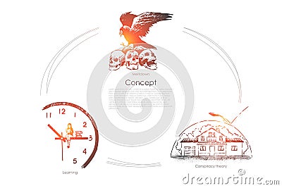 Crow sit on skulls, student studying, reading book on clock arrow, house under dome, conceptual banner Vector Illustration