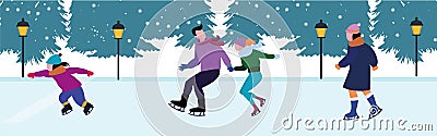 Crowd of active cartoon people ice skating Cartoon Illustration