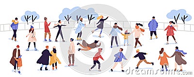 Crowd of active cartoon people ice skating on rink vector flat illustration. Man, woman, children, family and couple Vector Illustration