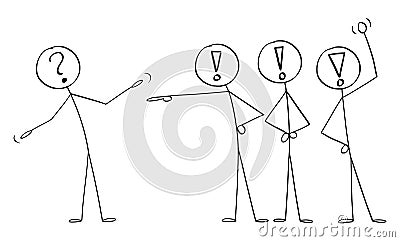 Crowd is Arguing or Blaming Unsure Asking Man,Individuality, Difference, Truth and Opinion, Vector Cartoon Stick Figure Vector Illustration